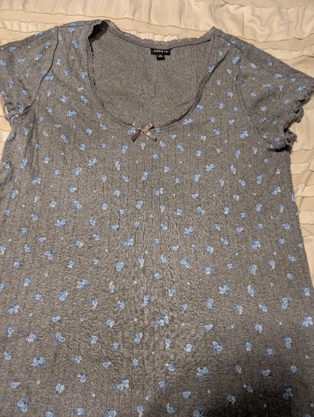 torrid Gray Ribbed Crewneck Sweater with Light Blue Floral Embroidery